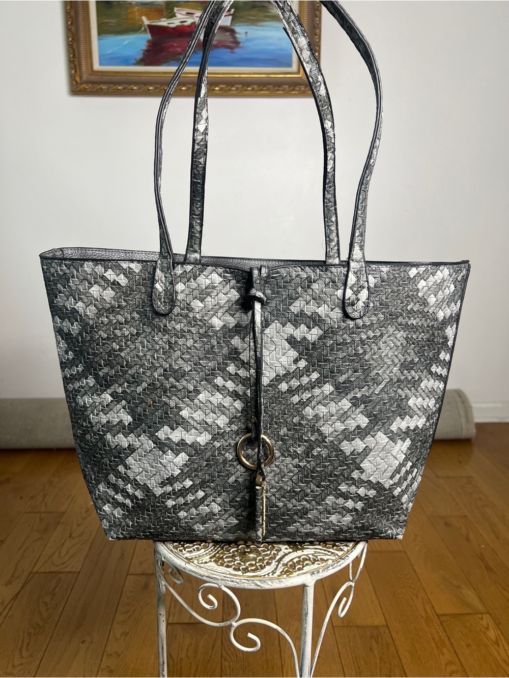 Gray vegan leather Woven Tote with Ring Tassel